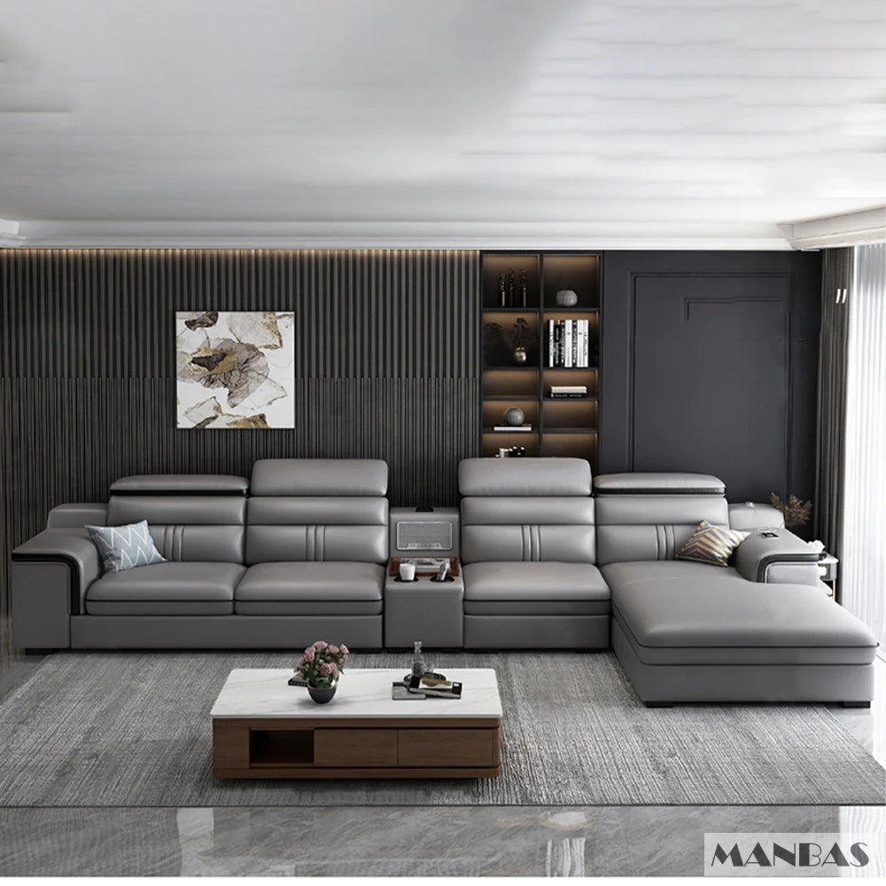 MINGDIBAO Leather Sectional Sofa Set with Cup Holder, USB, Adjustable Headrests & Bluetooth Speaker Living Room Couch with Stool - Clikcy