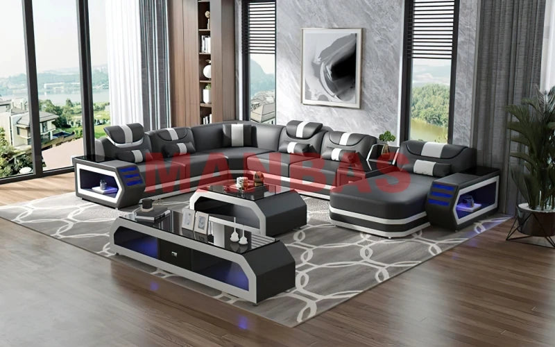 MANBAS Italian Genuine Leather Sectional Sofa with LED Lights | Futuristic Furniture U Shape Couch Living Room Big Sofas Set - Clikcy