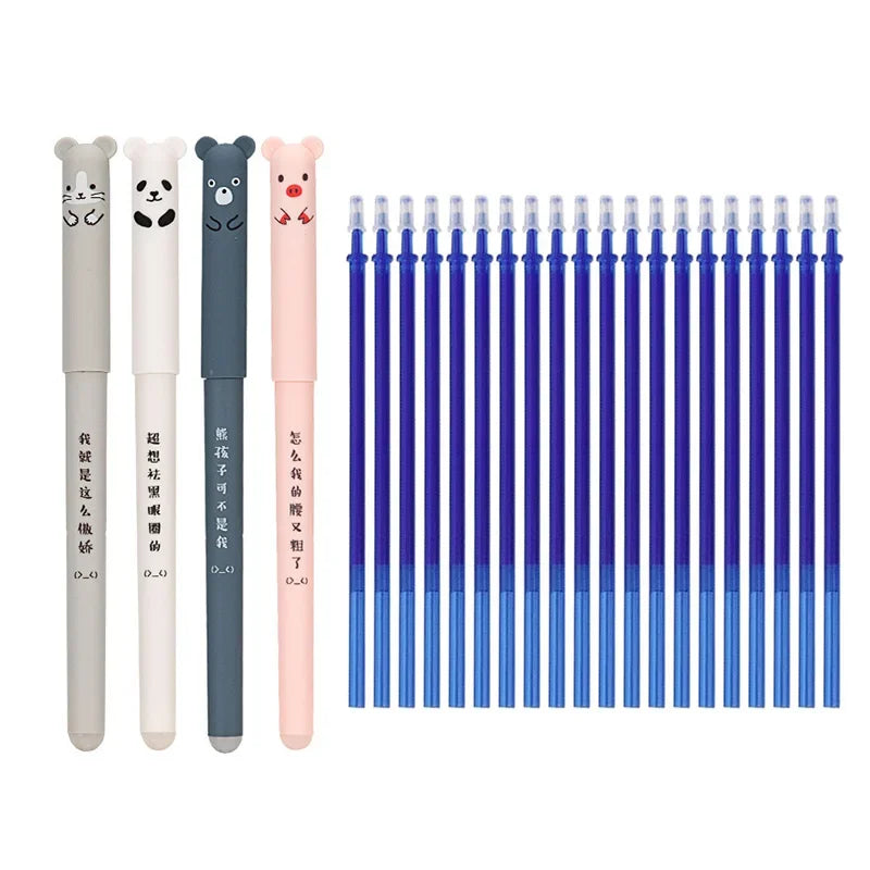 4+20 Pcs/Set Kawaii Pig Bear Cat Erasable Gel Pen Refills Rods 0.35mm Blue Black Ink Washable Handle School Office Supplies Gift - Clikcy