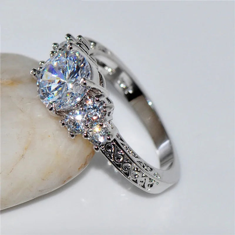 Exquisite Fashion Silver Color Engagement Rings for Women Fashion White Zircon Stones Ring Anniversary Bridal Wedding Jewelry - Clikcy