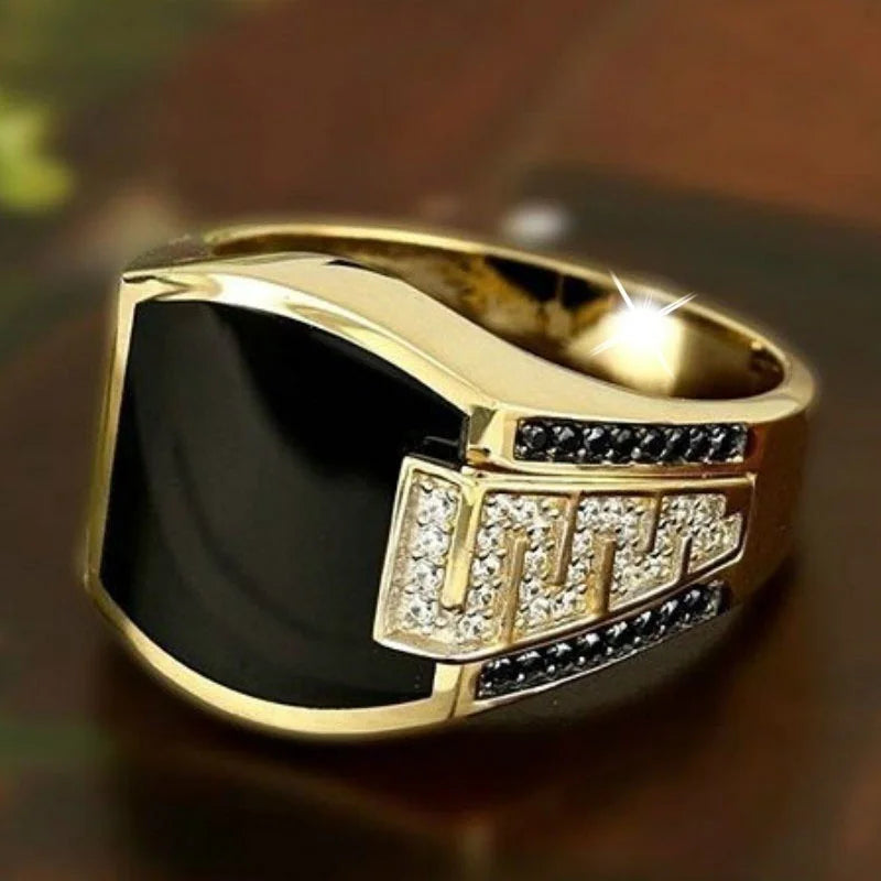 Classic Men's Ring Fashion Metal Gold Color Inlaid Black Stone Zircon Punk Rings for Men Engagement Wedding Luxury  Jewelry - Clikcy