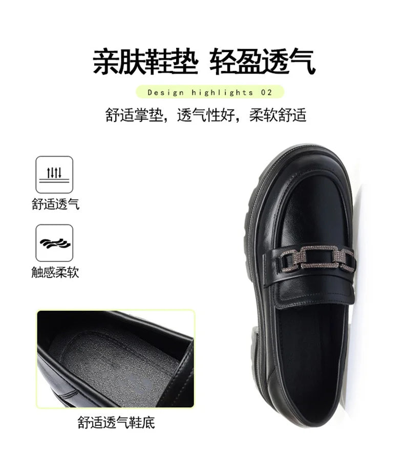 Platform Loafers New Women's Shoes Soft Leather Thick Heels British Small Round Toe Metal Decoration White Leather Shoes - Clikcy