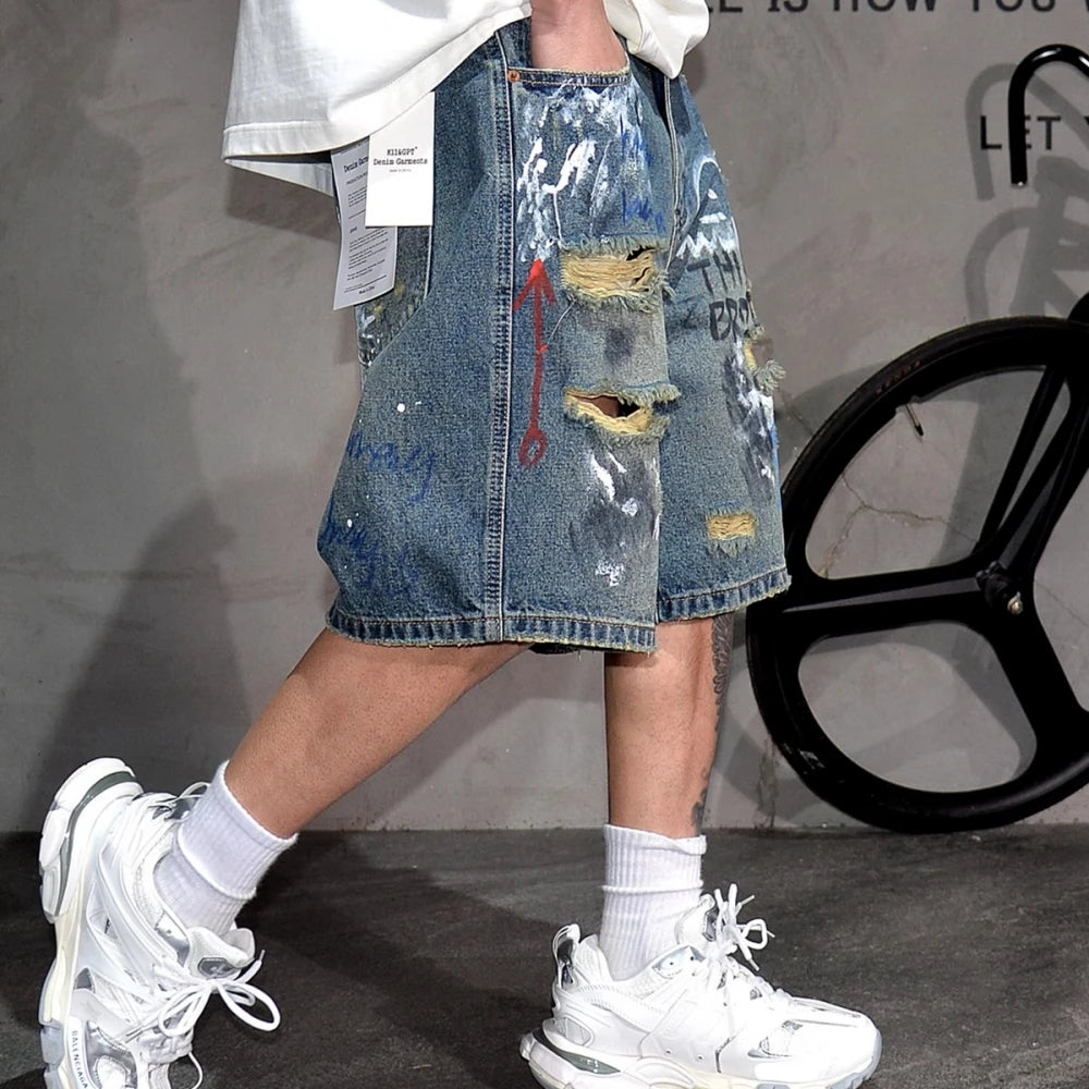 Mens Summer Ripped Distressed Denim Shorts 5 Inch Korean Style Streetwear Hip Hop Graffiti Skate Trendy Mid Blue jorts Male - Clikcy