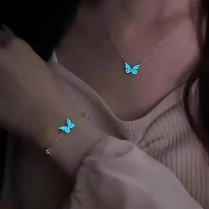 1Set Glow in The Dark Pendant Necklace Bracelet Mermaid Spiral Fashion Jewelry Night Necklace Butterfly Necklace Women Jewelry - Clikcy