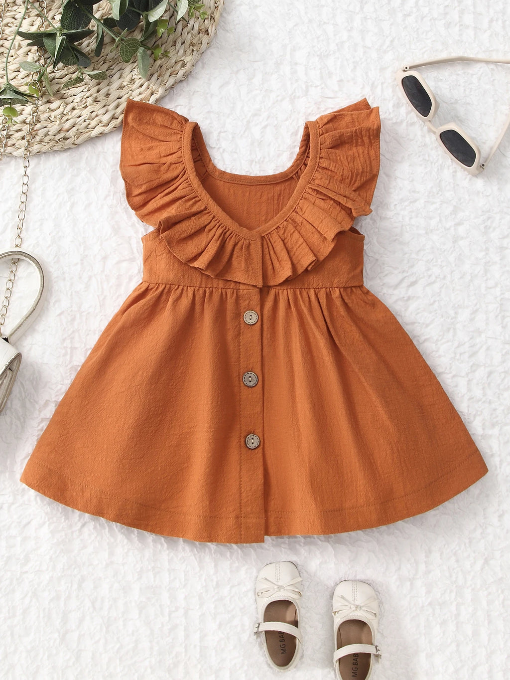 Summer Back Bow Children Girls Flutter Sleeve Princess Dresses Ruffle Sleeve Linen Cotton Baby Kids Dress - Clikcy