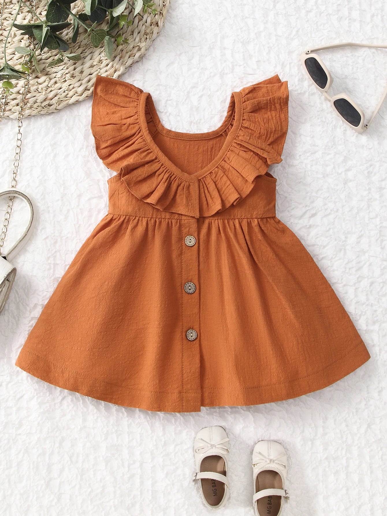 Summer Back Bow Children Girls Flutter Sleeve Princess Dresses Ruffle Sleeve Linen Cotton Baby Kids Dress - Clikcy