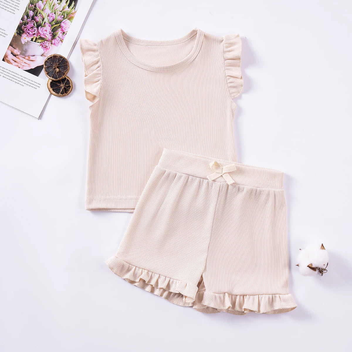 Summer Toddler Girl Ruffle Sleeve 2pcs Set Sleeveless T-shrits Top and Shorts Outfit for Kids Girls Solid Suit Clothing - Clikcy