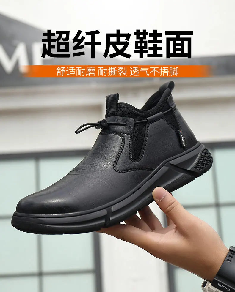 Black Leather Men Waterproof Shoes Work Safety Shoes Steel Toe  Men Sneakers Wear-resistant Indestructible Construction Man Boot
