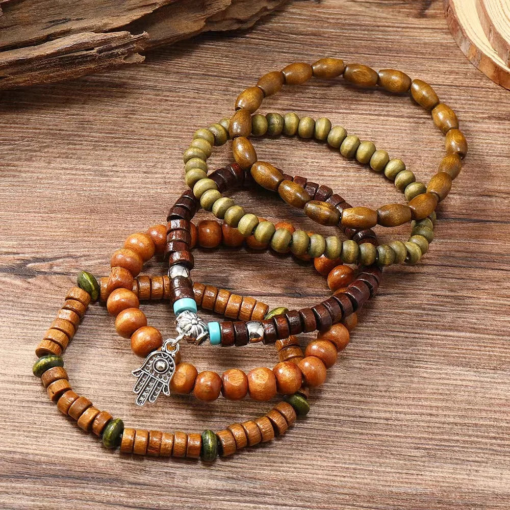 Cross Life Tree 5Pcs/set Vintage Bronze Ethnic Casual Wood Beads Feather Charm Leather Women Bracelets Men Male Jewelry - Clikcy