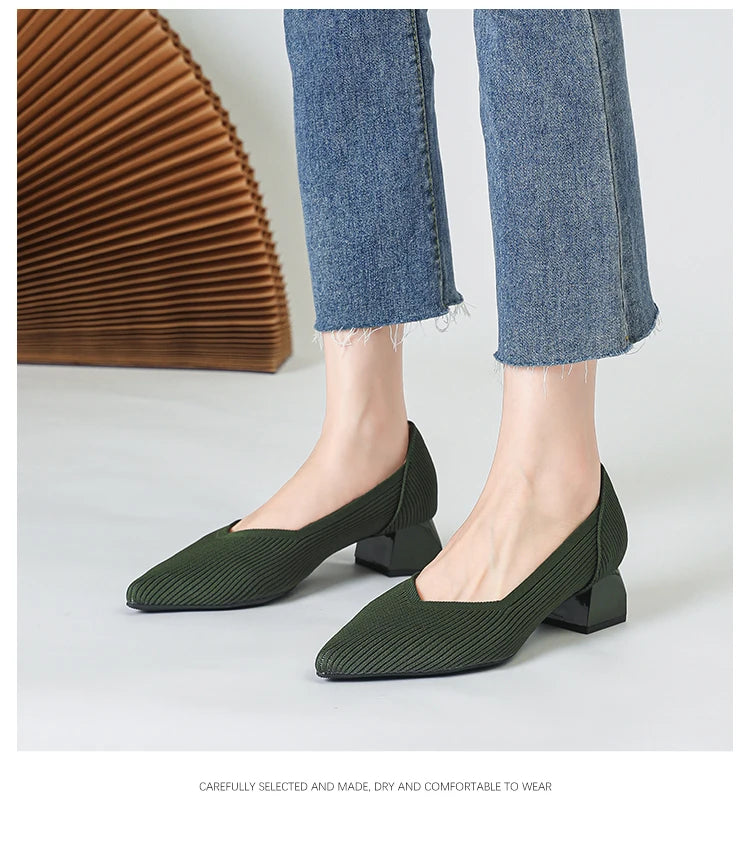 Women's large high-heeled shoes Multicolor pointy knit breathable comfortable anti-skid rubber sole work shoes 2023 new autumn - Clikcy