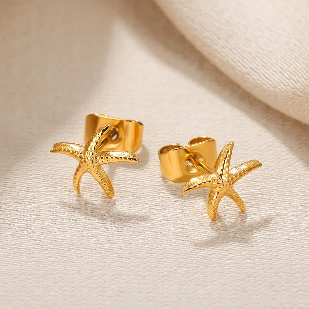 Stainless Steel Starfish Shell Stud Earrings for Women Minimalist Gold Color Aesthetic Wedding Earring Summer Beach Jewelry Gift - Clikcy