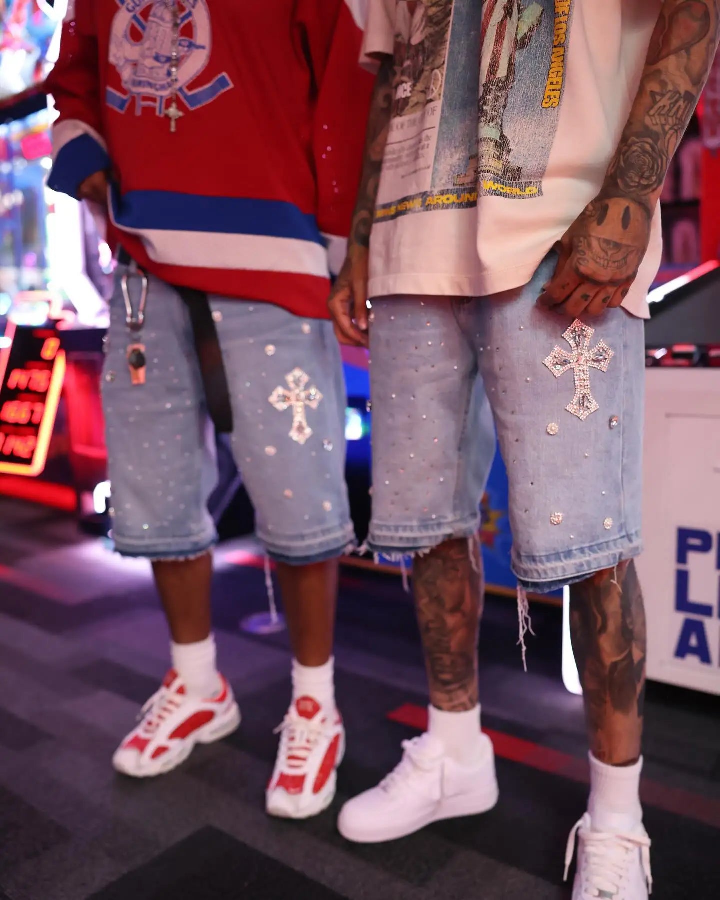 Y2K Gothic Diamond Cross Embroidery Denim Shorts American Retro Blue Gym Shorts Rhinestone Streetwear Hip Hop Men Women Jorts - Clikcy