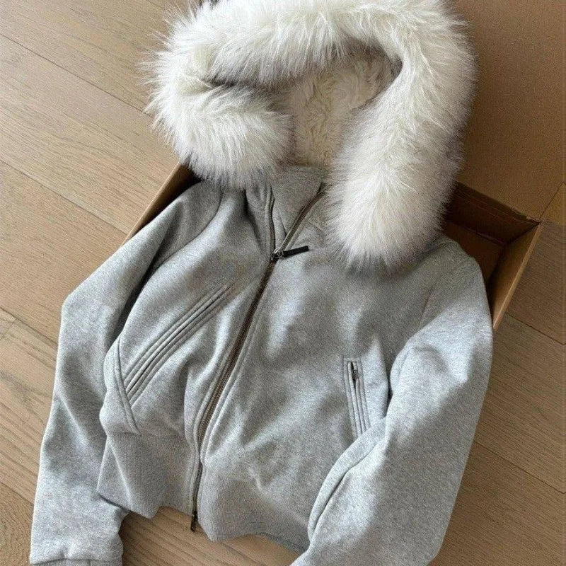 American Fashion Trend New Gray Padded Hooded Sweater Coat Female Y2K Harajuku Vintage Popular Casual Joker Zipper Cardigan - Clikcy