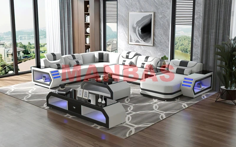 MANBAS Italian Genuine Leather Sectional Sofa with LED Lights | Futuristic Furniture U Shape Couch Living Room Big Sofas Set - Clikcy