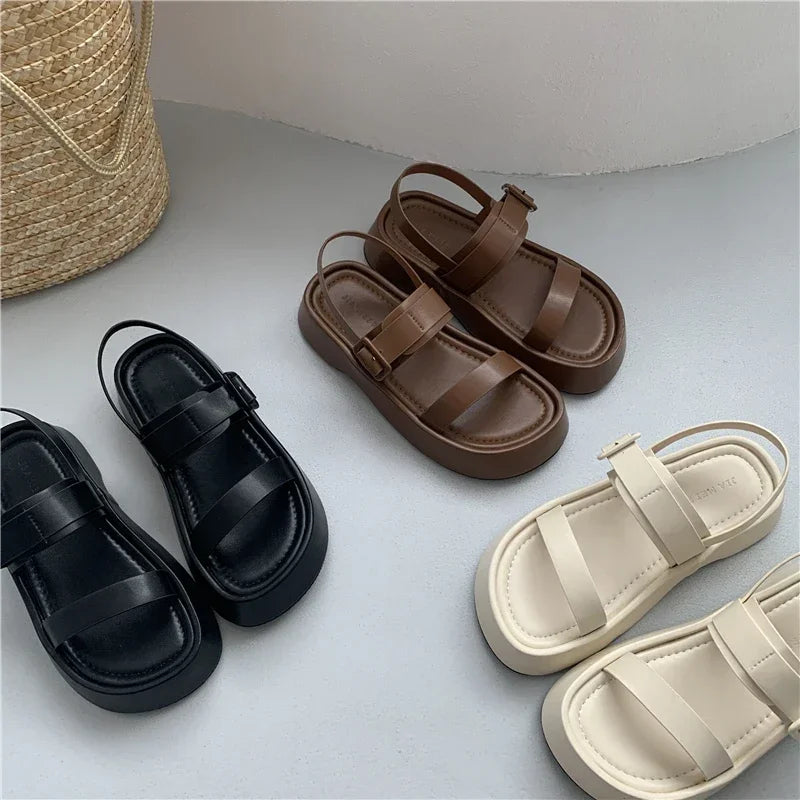 2025 New Gladiator Summer Sandals Fashion Platform Flats Elegant Open Toe Ankle Strap Dress Shoes
