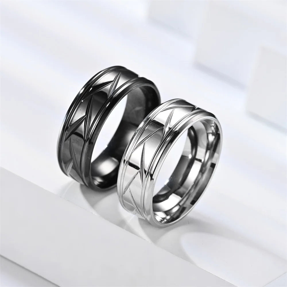 Fashion Men’s Silver Color Black Stainless Steel Ring Groove Multi-Faceted Ring for Men Women Engagement Ring Anniversary Gifts - Clikcy