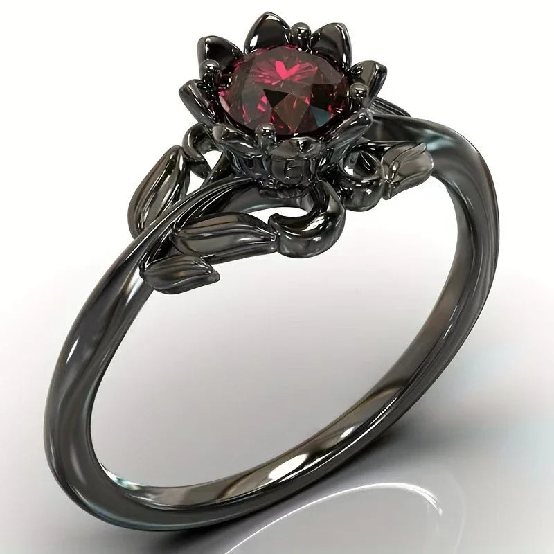 LATS Black Color Flower Red Stone Rings for Women Charm Jewelry Accessories Rose Ring Party Gift - Clikcy