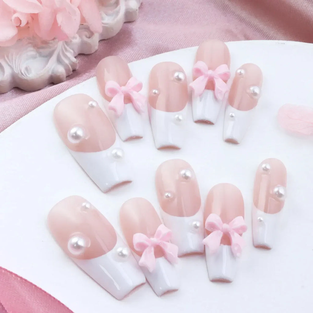 10pcs Y2K Removable Handmade Press on Nails Hand Painted Cherry Pattern Design Fake Nails Cute White Sweet Almond Patch Nail - Clikcy