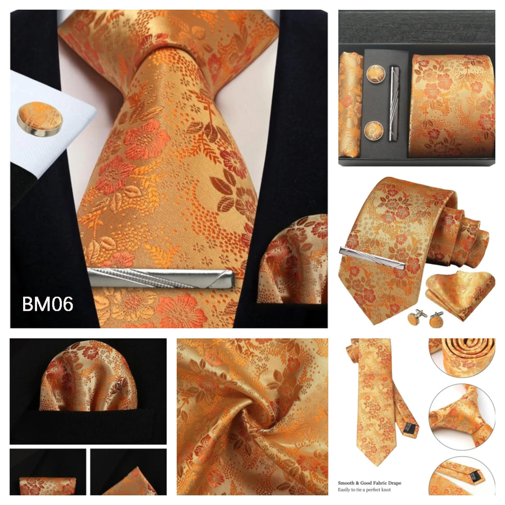 100% Silk Necktie Paisley Floral Mens Tie Top Quality Business Tie Pocket Square Tie Clip Cufflinks Set Classic For Men Gift Box - Clikcy