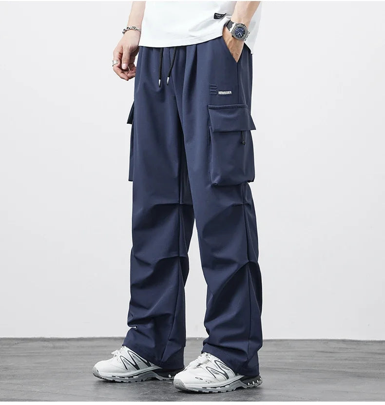 New Plus Size 8XL Men Casual Straight Pants Trousers Ice Silk Fashion Hip Hop Sweatpants Outdoor Stand Pocket Cargo Pants Y2K - Clikcy