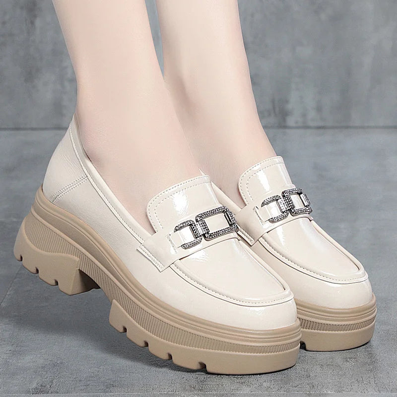 Platform Loafers New Women's Shoes Soft Leather Thick Heels British Small Round Toe Metal Decoration White Leather Shoes - Clikcy