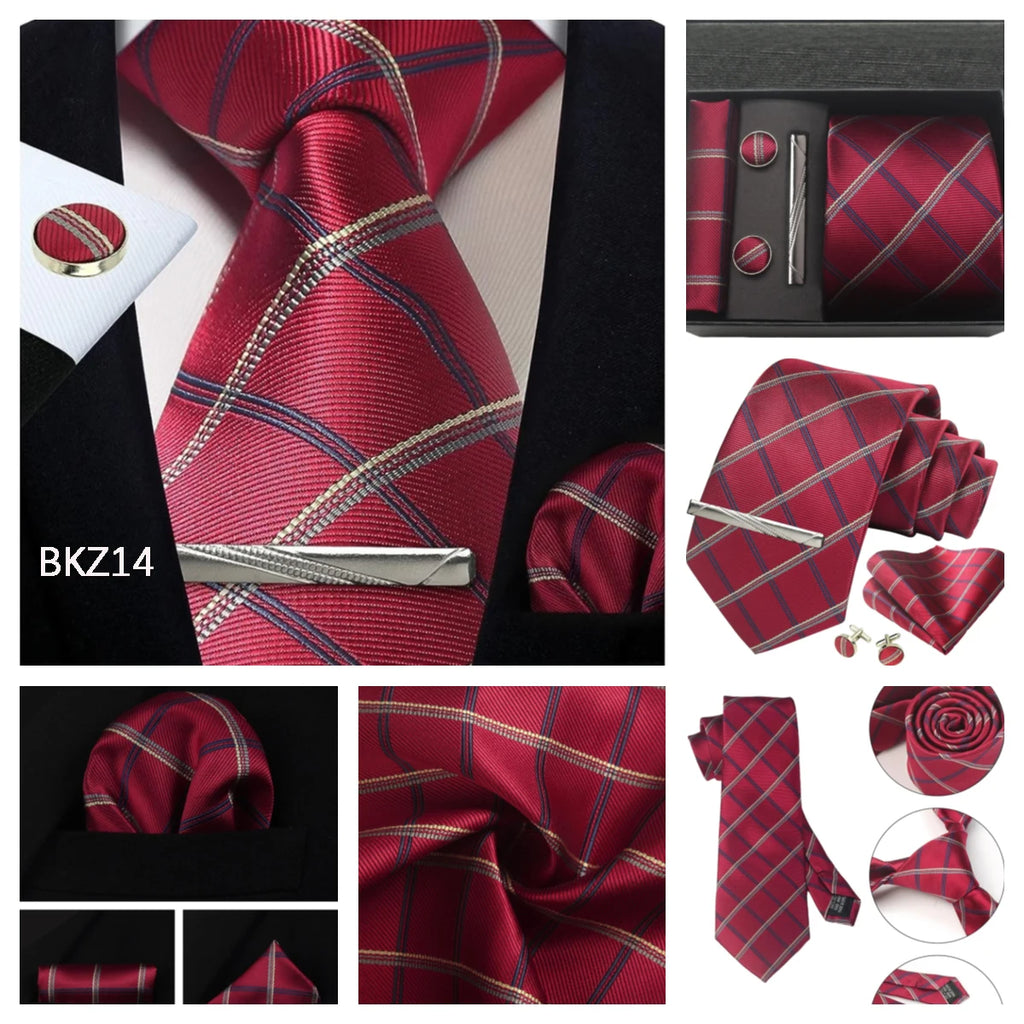 Classic 100% Silk Men's Ties In Gift box 8cm Plaid Dot Striped Business Necktie Handkerchief Cufflinks Wedding Party Tie Set - Clikcy