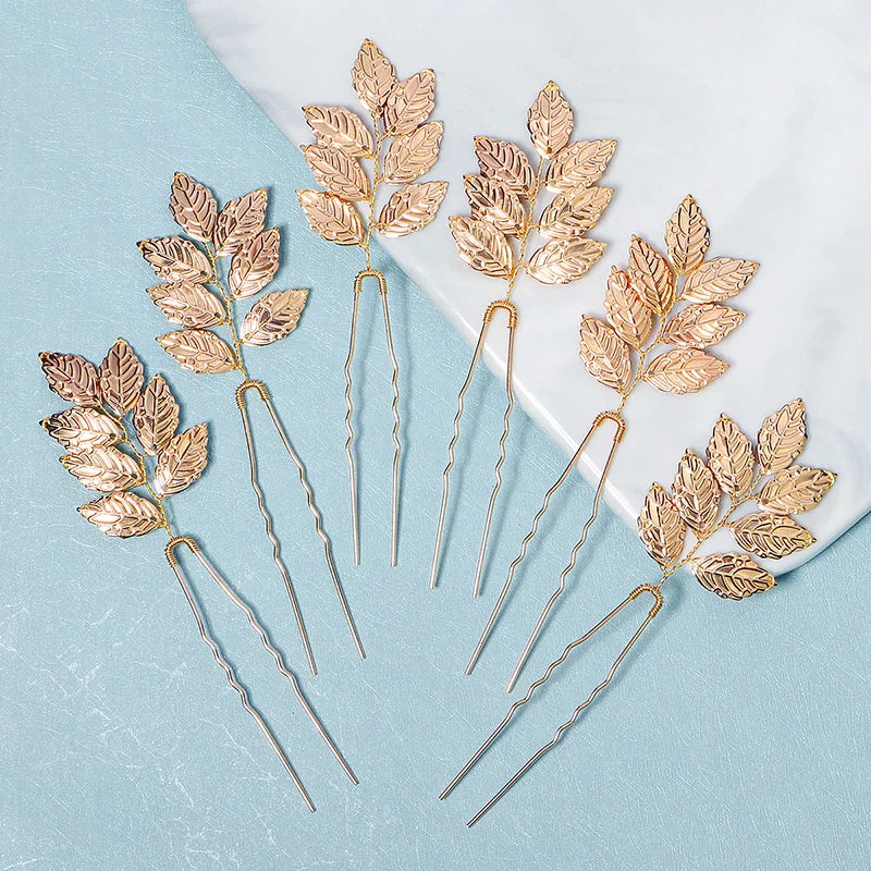 6PCS Gold Leaf Metal Hairpin Fashion Bridal Headdress Hair Accessories Rhinestone Crystal Hair Clips For Women Holiday Gift - Clikcy