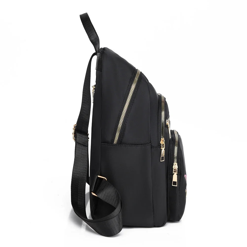 Fashion Nylon Backpack For Women Embroidery Design Student School Bag Leisure Travel Rucksack Popular Girl Commuting Sac A Dos - Clikcy