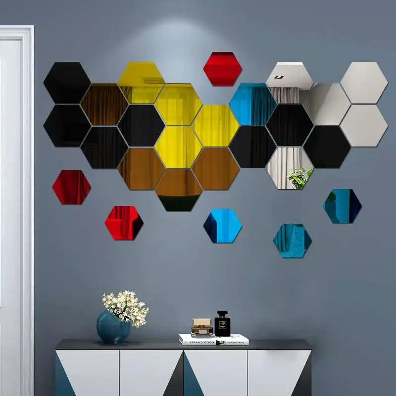 6/12pcs 3D Hexagon Mirror Wall Sticker Rose Gold DIY TV Background Living Room Stickers Wall Decor Bedroom Bathroom Home Decor - Clikcy