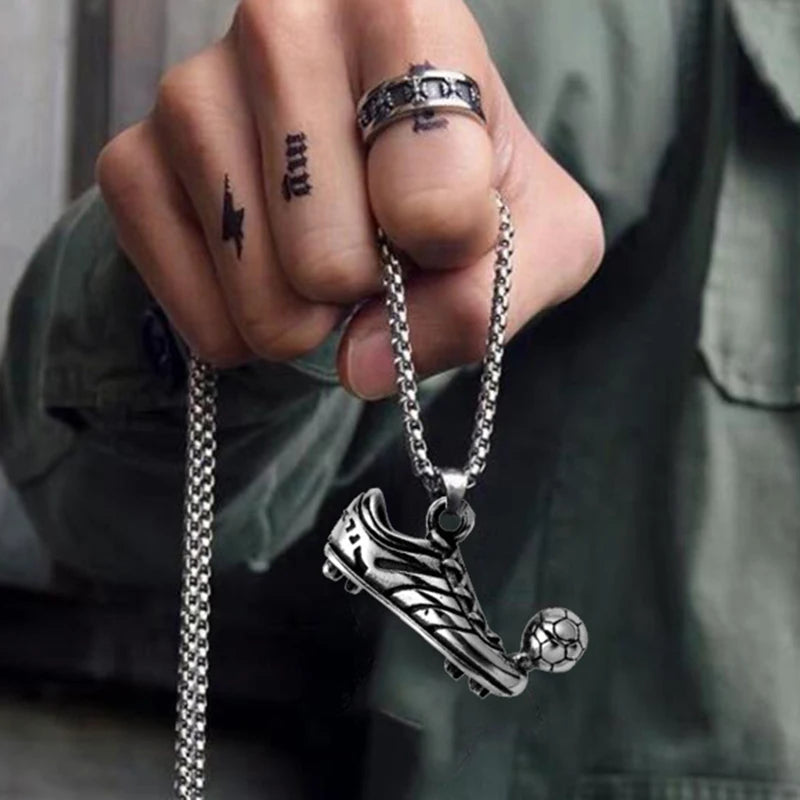 Football Shoe Pendant Necklace Boys Vintage Silver Color Hip Hop Punk Sports Style Stainless Steel Chain Fashion Man Jewelry - Clikcy
