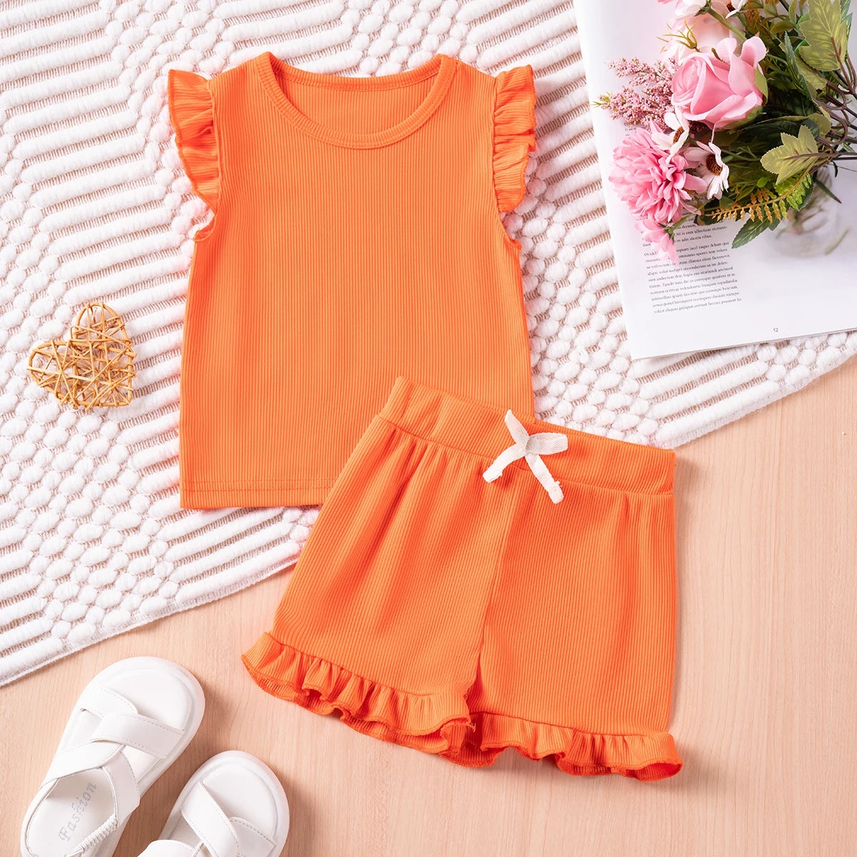 Summer Toddler Girl Ruffle Sleeve 2pcs Set Sleeveless T-shrits Top and Shorts Outfit for Kids Girls Solid Suit Clothing - Clikcy