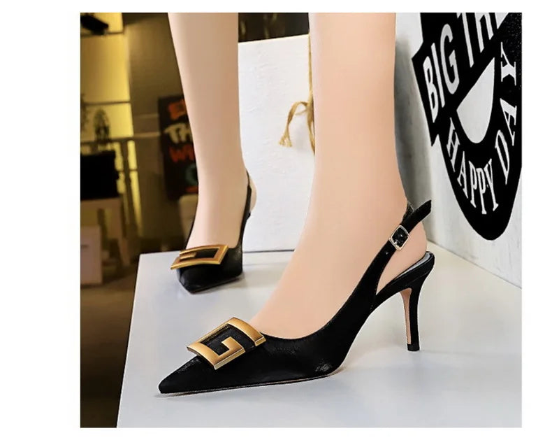 Metal Square Buckle Thin Heel Party Shoes Black Green White Woman Pointed Toe Hollow Back Strap Pumps Middle Heel Sandals - Clikcy