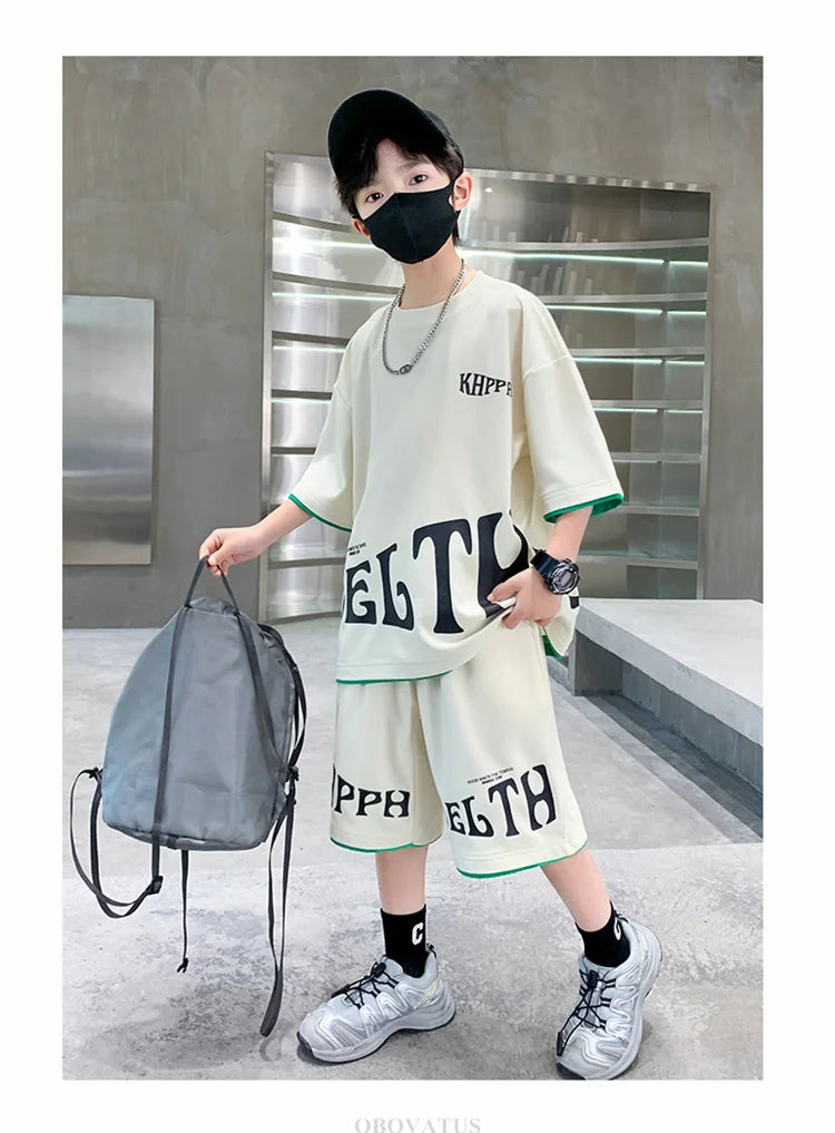 Children Summer Clothing Set For Boys Letter Print Sport Suit Kids Teenager Cotton Outfits Casual Short Sleeve Tracksuit Costume - Clikcy
