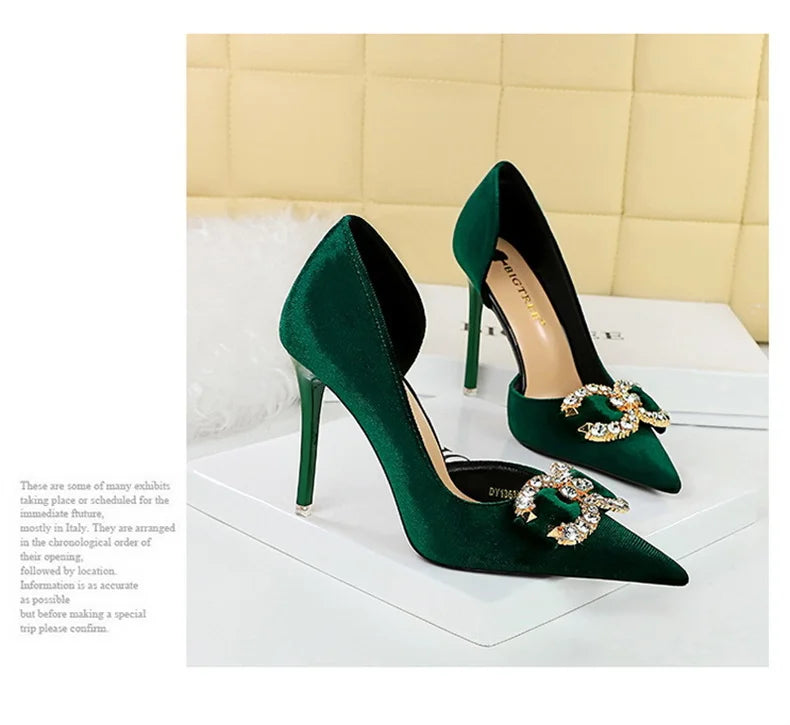 Fashion Women High Heel Rhinestone Buckle Bow Green Pink Pointed Toe Party Pumps Velvet Luxury Elegant Wedding Evening Shoes - Clikcy