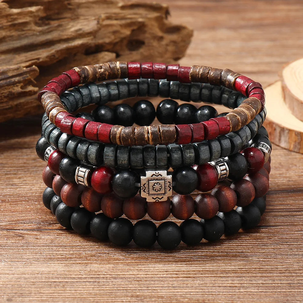 Cross Life Tree 5Pcs/set Vintage Bronze Ethnic Casual Wood Beads Feather Charm Leather Women Bracelets Men Male Jewelry - Clikcy