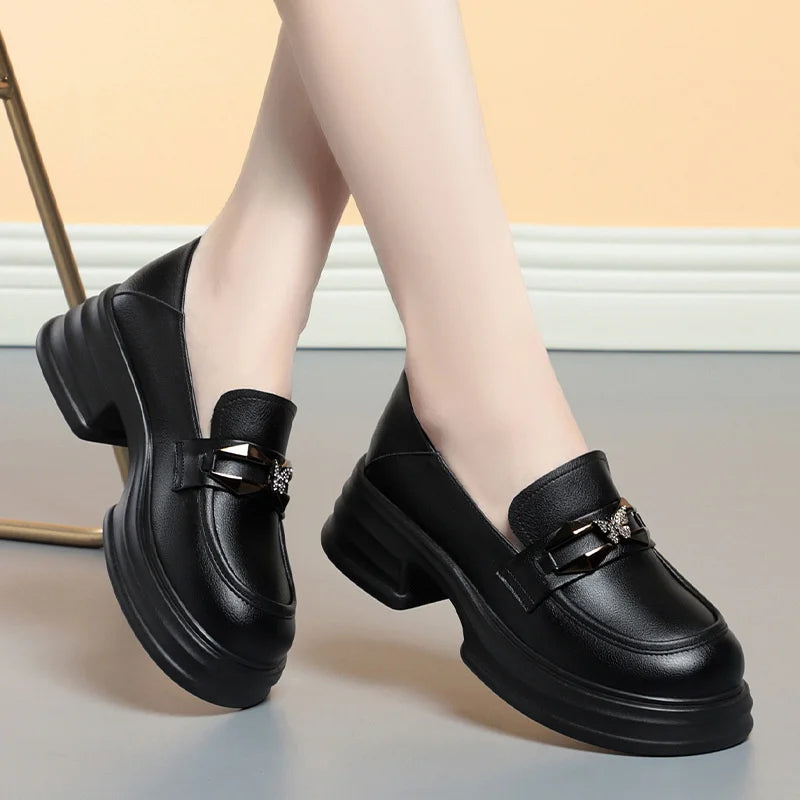 Platform Loafers New Women's Shoes Soft Leather Thick Heels British Small Round Toe Metal Decoration White Leather Shoes - Clikcy