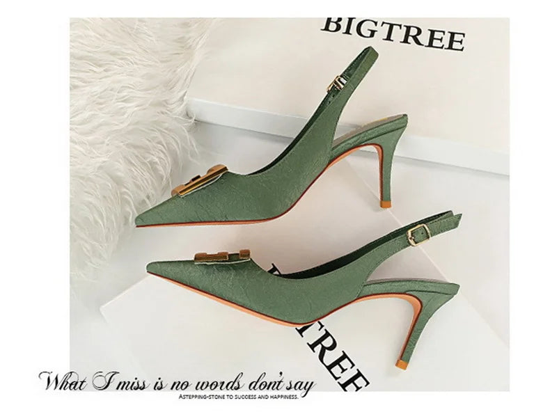 Metal Square Buckle Thin Heel Party Shoes Black Green White Woman Pointed Toe Hollow Back Strap Pumps Middle Heel Sandals - Clikcy