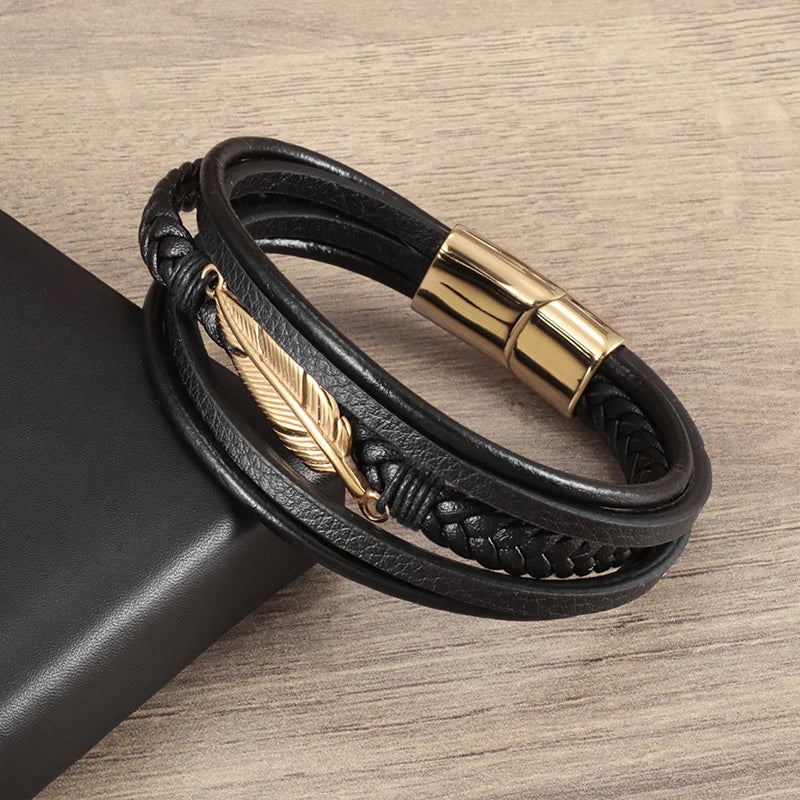 Multilayer Feather Leather Wrap Bracelet Men Classic High Quality Jewelry Gift Male Business Bracelet with Metal Magnetic Clasp - Clikcy