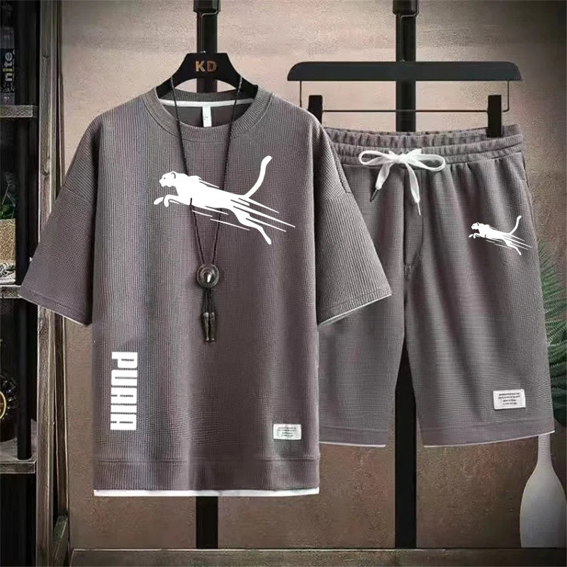 summer new men's sportswear fitness set running suit casual T-shirt+shorts set breathable jogging sportswear 2-piece set for men - Clikcy