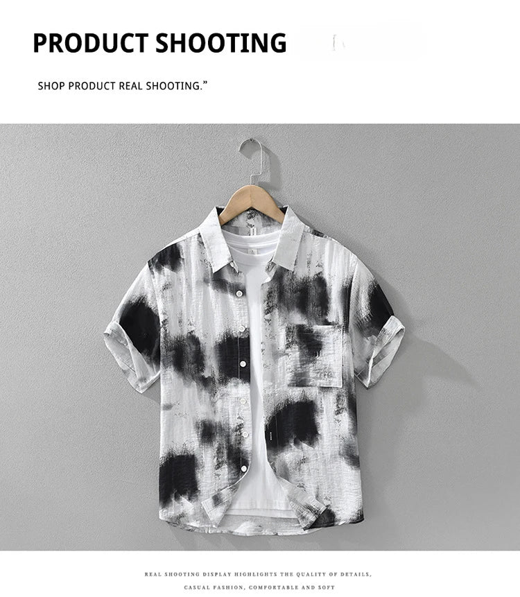 2025 Spring Summer New Vintage Tie-dye Printed Short Sleeve Shirts for Men Clothing Turn-down Collar Male Shirts CM8136 - Clikcy