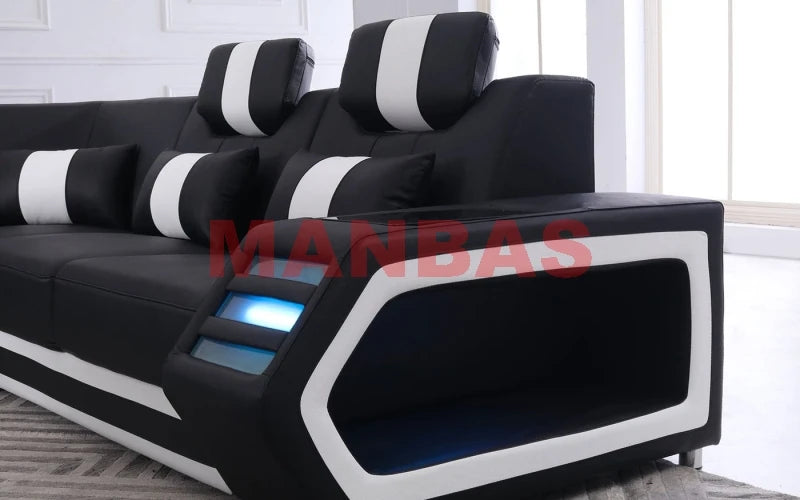 MANBAS Italian Genuine Leather Sectional Sofa with LED Lights | Futuristic Furniture U Shape Couch Living Room Big Sofas Set - Clikcy