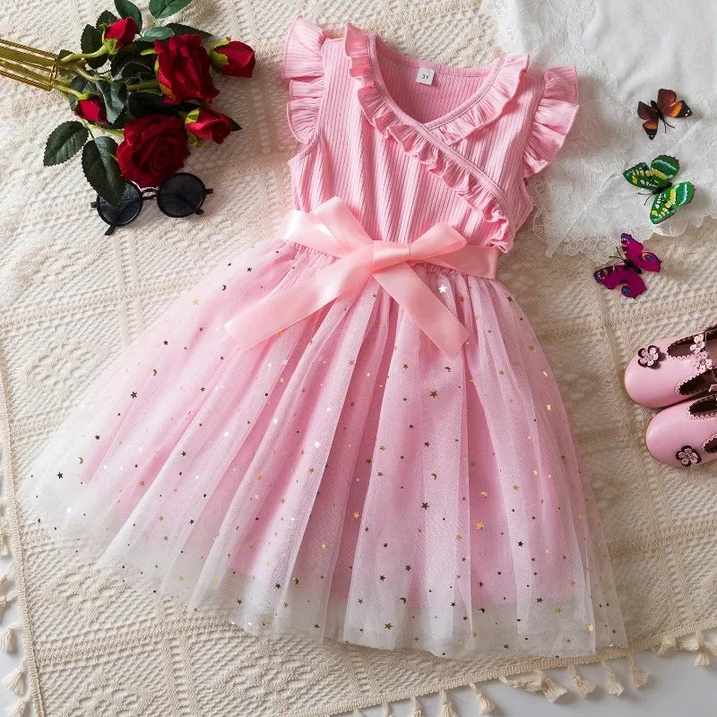 New Children's Dress for 3-8 Yrs Summer Dress Lotus Leaf Edge Design Bow Lace Up Star Sequin Sweet  Tulle Kids Dresses for Girls - Clikcy