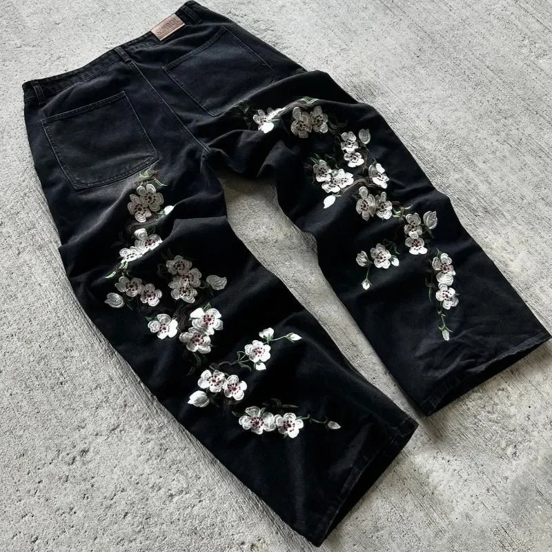 Y2K pants men Baggy Harajuku cherry blossom print pattern jeans Hip Hop streetwear men women gothic Casual wide leg Denim Pants - Clikcy