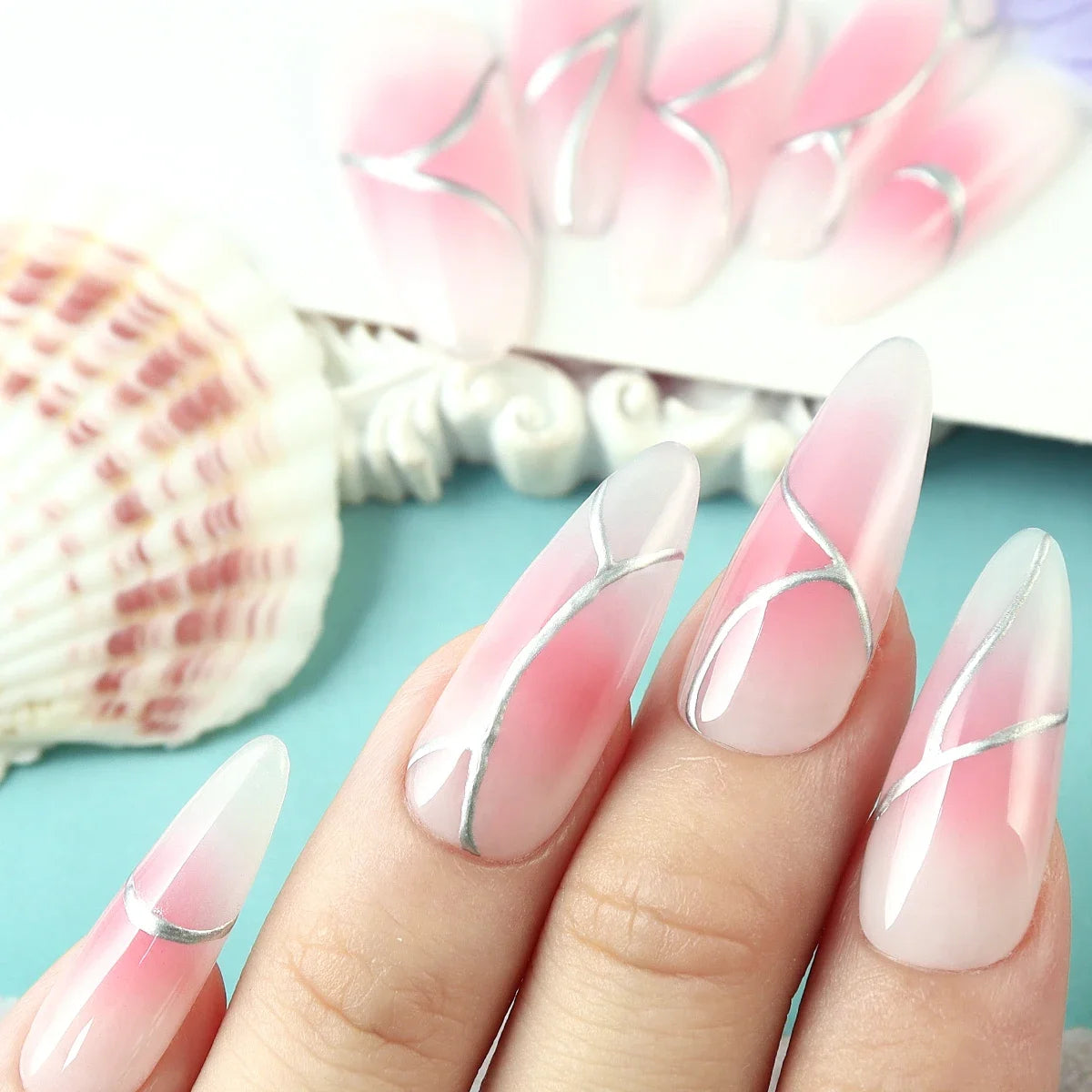 10pcs Handmade Long Press on Nails  Pink Gradient Glossy Blush 3D Silver Cord Art Design Jelly Glue&Nail File,Reusable Fake Nail - Clikcy