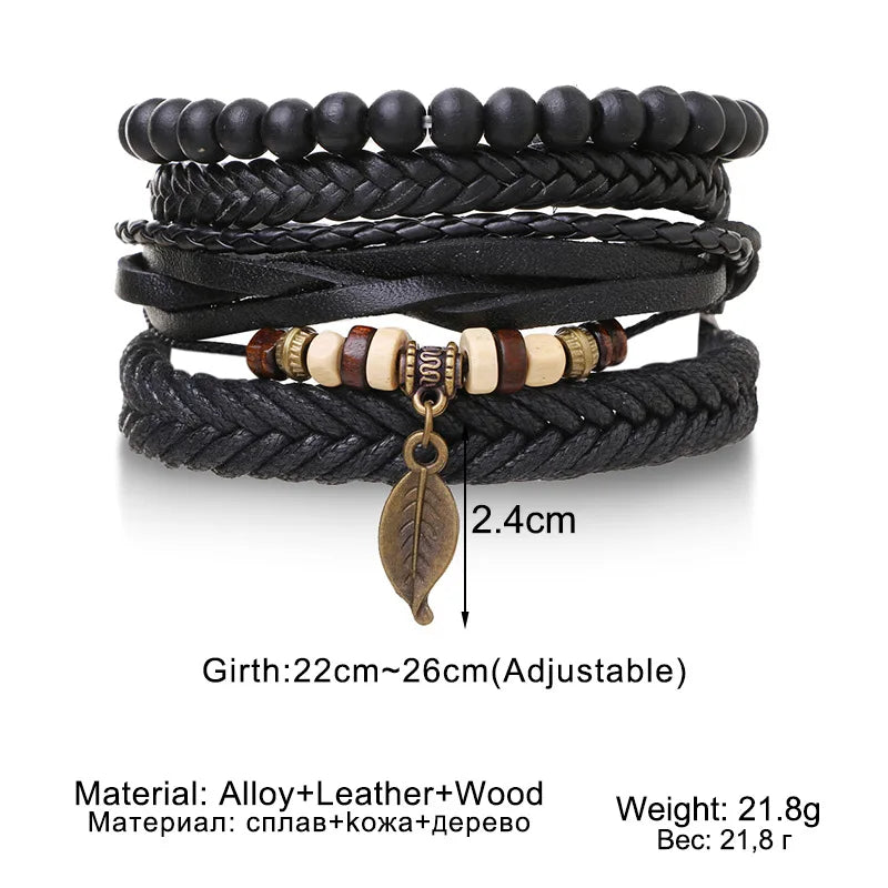 4Pcs/ Set Braided Wrap Leather Bracelets for Men Vintage Life Tree Rudder Charm Wood Beads Ethnic Tribal Wristband Rope Bracelet - Clikcy