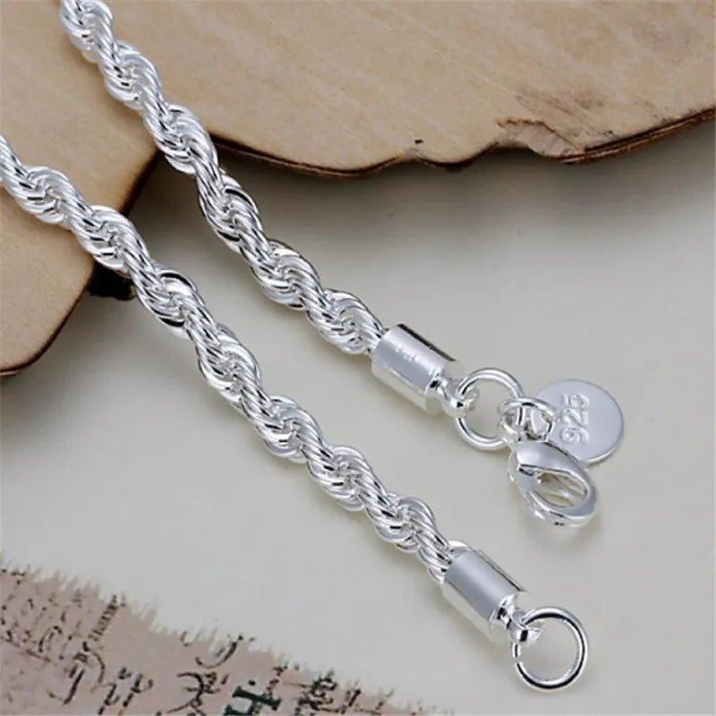 New High quality 925 Sterling Silver 4MM Women Men chain Male Twisted Rope Bracelets Fashion Silver Jewelry - Clikcy