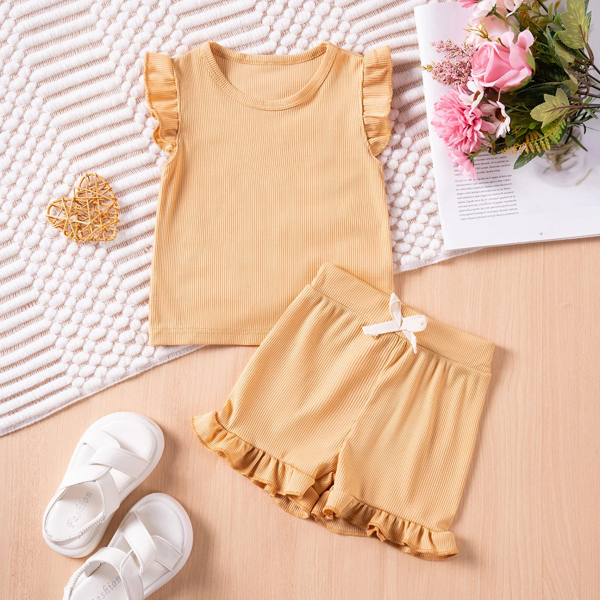 Summer Toddler Girl Ruffle Sleeve 2pcs Set Sleeveless T-shrits Top and Shorts Outfit for Kids Girls Solid Suit Clothing - Clikcy