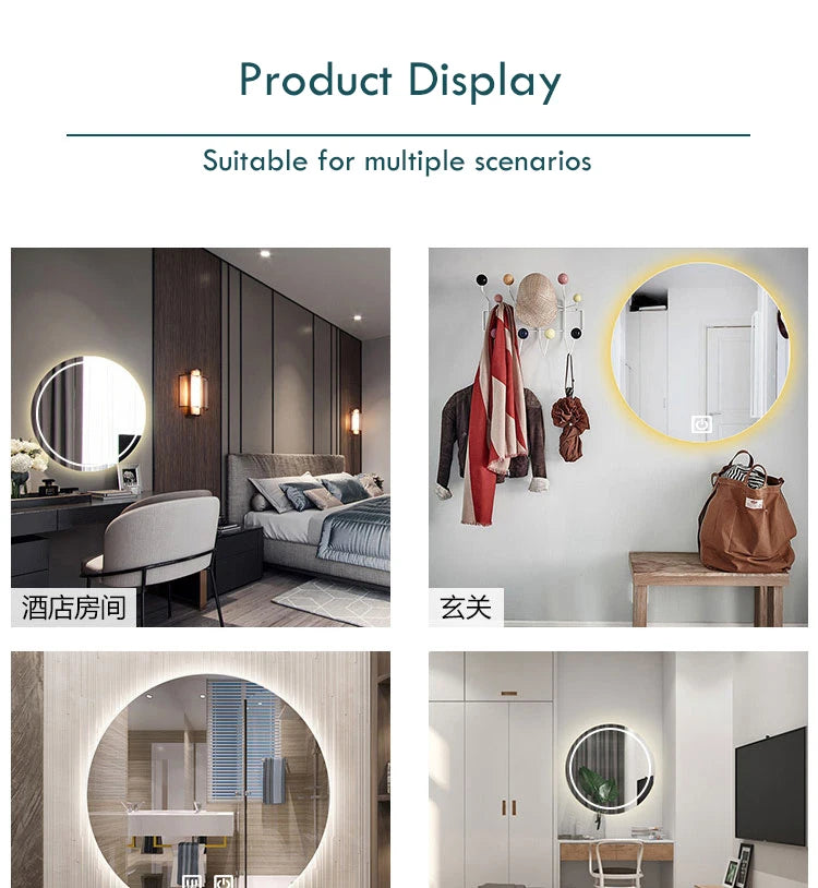 40/50/60CM Round Smart Hotel Bedroom Defogging Decorative Mirror LED Bathroom Mirror 3 Color Adjustable Backlight With - Clikcy