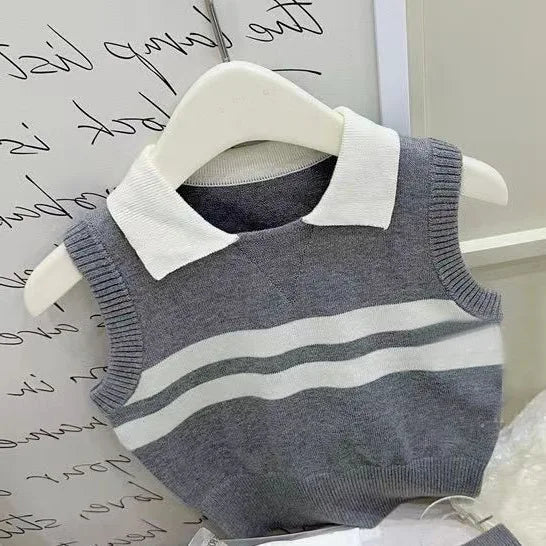 Summer Ins Baby Girls 2PCS Clothes Set Knitted Thin Sleeveless Polo Tank Top Pleated Solid Skirts Suit Kids Girls Outfits - Clikcy