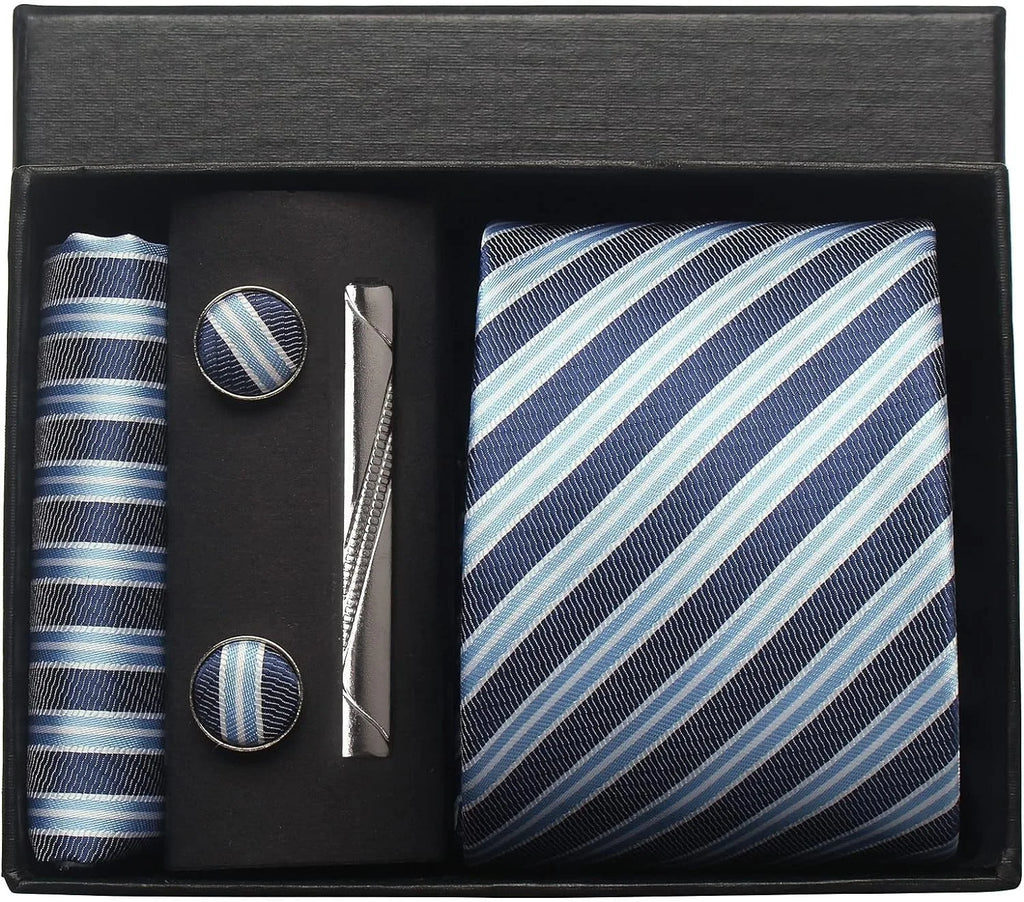 Classic 100% Silk Men's Ties In Gift box 8cm Plaid Dot Striped Business Necktie Handkerchief Cufflinks Wedding Party Tie Set